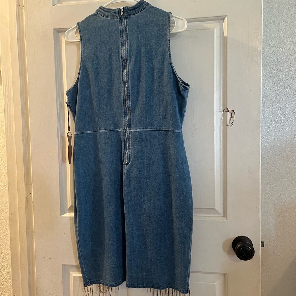 Sleeveless Denim Dress with Fringe Hem - Picture 2 of 2